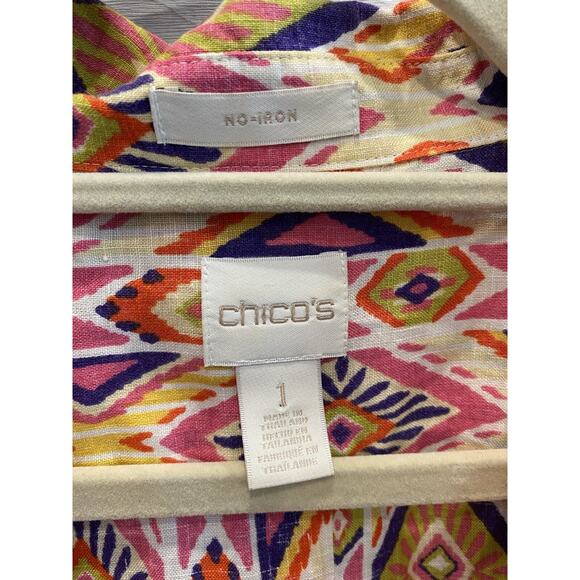 Chicos Shirt Womens Size Medium 100% Linen Coastal Casual Multicolor Button Up - Picture 5 of 13